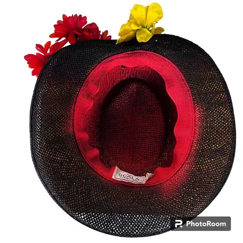 Scala VTG The  Collection Black Straw Weave Hat Flower Embellishments Cru…