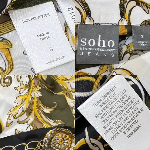 Soho NYC Green/Gold Scarf Print Front Tie Blouse S