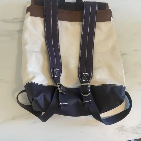 Land's End Navy & Ivory Canvas Backpack Bag Knapsack School Nautical Adjustable Blue