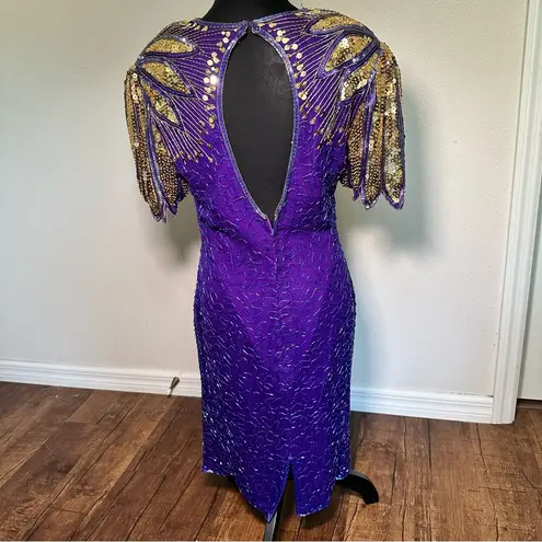 Laurence Kazar Silk Purple and Gold Embellished Sheath Dress