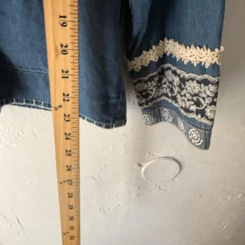 Tantrums Jacket Vintage Medium Denim Embroidered Lace Boho Button Up Cottage Blue