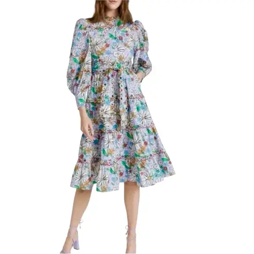 CELIA B Oliver Floral Scalopped Embroidered Midi Dress Size L White Size L