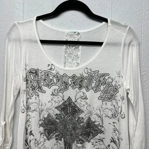 Rhinestone Flowy Womens Top Small Rockabilly Punk Chaotic Academia Streetwear White