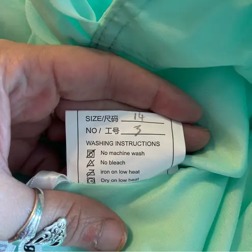 NWOT mint green sleeveless formal dress with sheer jacket rhinestone brooch 14