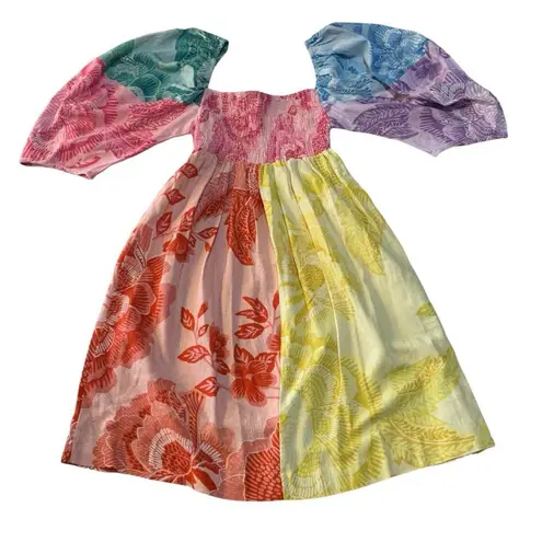 Farm Rio women's medium Colorful Floral Long Sleeve Dress linen smocked