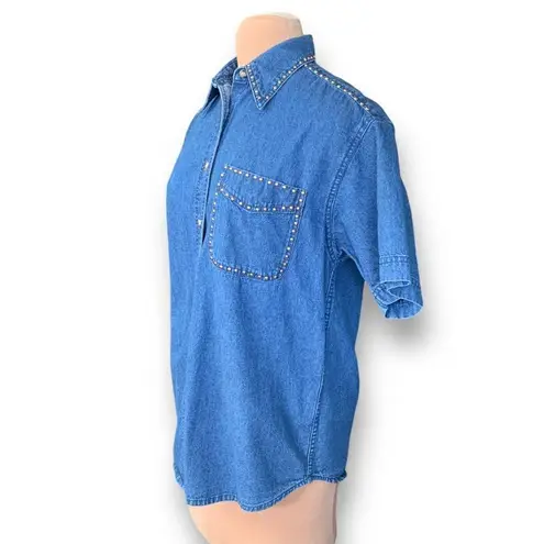Vintage Sunbelt Denim Shirt Medium Wash Chambray Denim Short Sleeve Gold Stud Blue