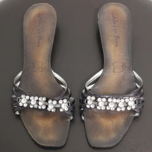 Alma en Pena Black Leather Rhinestone Kitten Slide Size 9