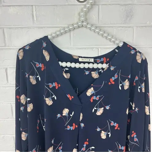 Stitch Fix  Beacon Navy Blue Floral Print Tab Sleeve Stretchy Top Size 1X