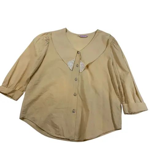 Pat Fashions Beige Lace Collar Puff Sleeve Button Up Shirt Women's Size M Tan Size M