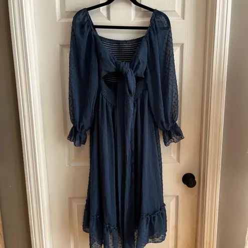 Navy Blue Swiss Dot Midi Dress Tie Back Square Neck Long Sleeve Ruffle Hem 0