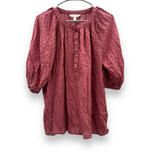 Garnet Hill Elbow Sleeve Swiss Dot Mauve Half Button Front Top Sz M