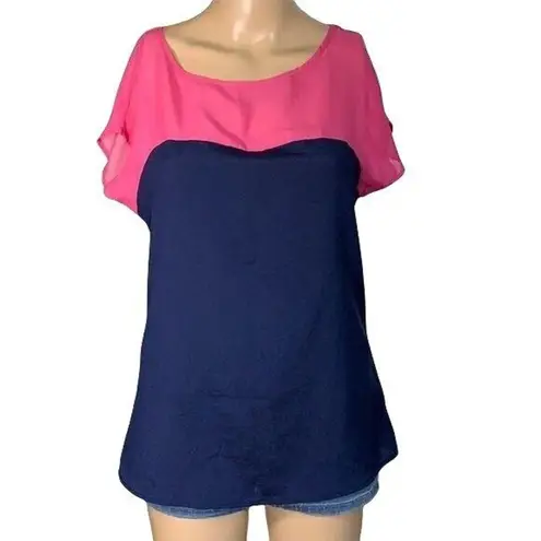 Hot Tempered Womens Blouse Top Shirt Colorblock Silky Pullover Pink Blue Medium