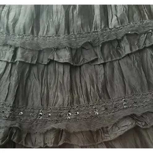 Monsoon Crinkle Maxi Skirt 10 Black Lace Tiered Witchy Dark Romantic Vamp