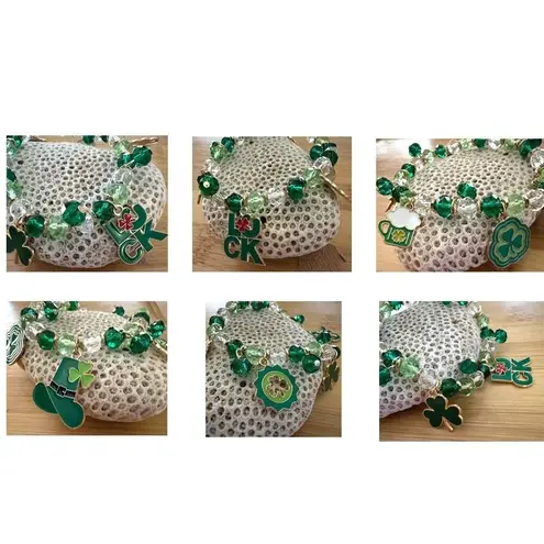 St Patricks Day Charm Bracelet Stretch Shamrocks Luck Leprechaun Hat Bee… Gold