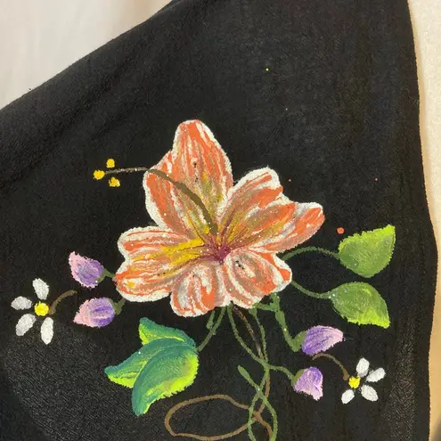 Ana Rosa Mexico La Prenda Heche Arte Handpainted Floral Art Kimono Blouse Top Black