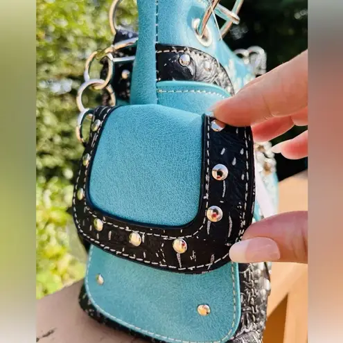 Turquoise Rhinestone Skull Concealed Carry Handbag Studded Leather Purse Blue