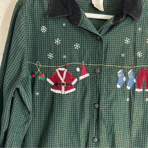 Bobbie Brooks Christmas Green Black Plaid 2X 18W/20W Grandmacore Button Down