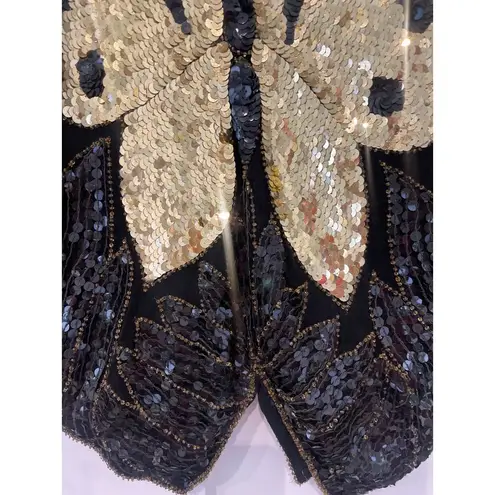 Scala VTG Madame Butterfly Black & Gold Hand Sewn Beaded 100% Silk Top