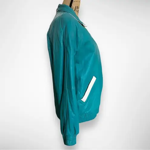 OVERLAND OUTFITTERS Rare Vintage Teal And White Leather Bomber Jacket Small EUC‎