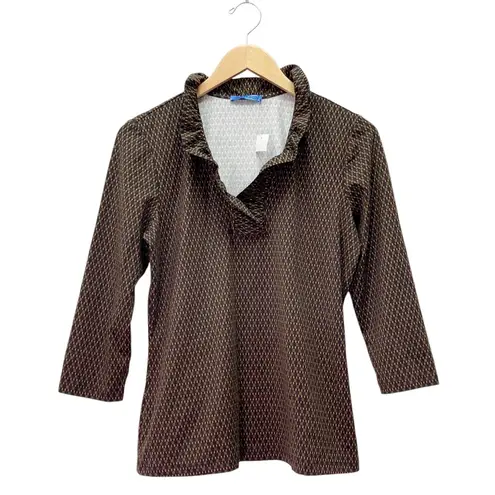 J. McLaughlin NWT Durham Ruffle Top Happy Hour Brown Olive Geometric Size Large