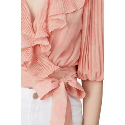 Amur 💕💕 Naya Ruffled Wrap Top Lemon Peach Rose Lace Small Puff Sleeve Crop Top