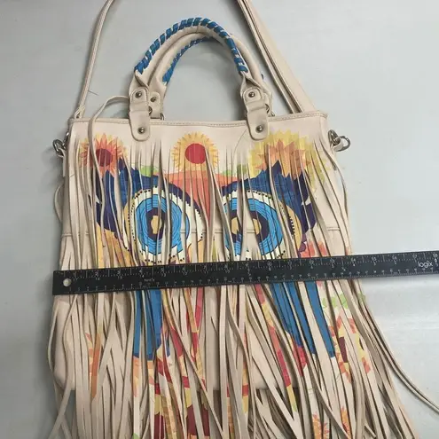 Retro Hippie Fringe With Psychedelic Owl Design Crossbody Shoulder Tote 14X13 Blue