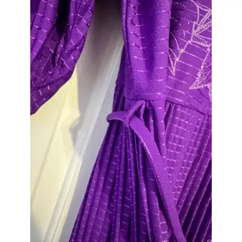 Vintage Purple Floral Disco Dress Pleated Midi Belted 3/4 Sleeve Party Size undefined