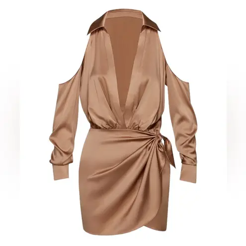 SER.O.YA NEW Size Small Silk Shea Open Long Sleeve Sexy Mini Dress in Natural Tan