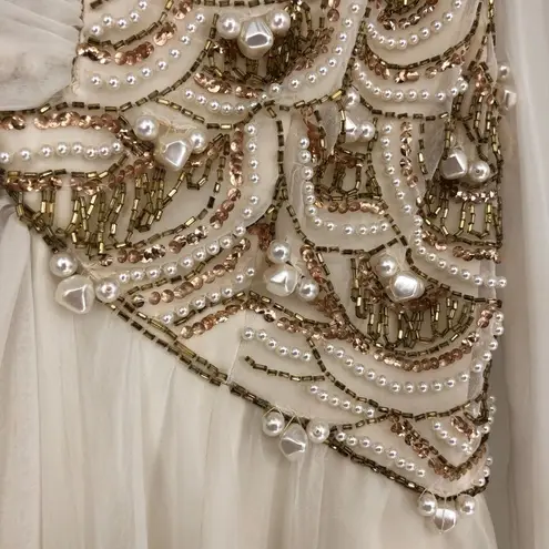 70’s Cream Beaded Sheer Layers Maxi Dress Wedding Gown Long Sleeve Pearls Sequin Size M