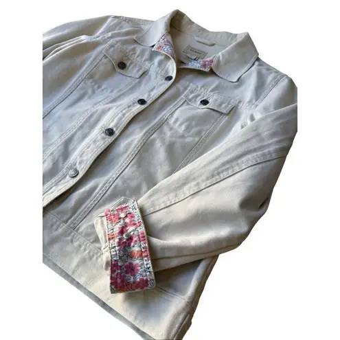 Vintage L.L Bean 100% Cotton Beige/Cream Denim Jacket With Floral Trim Tan Size L