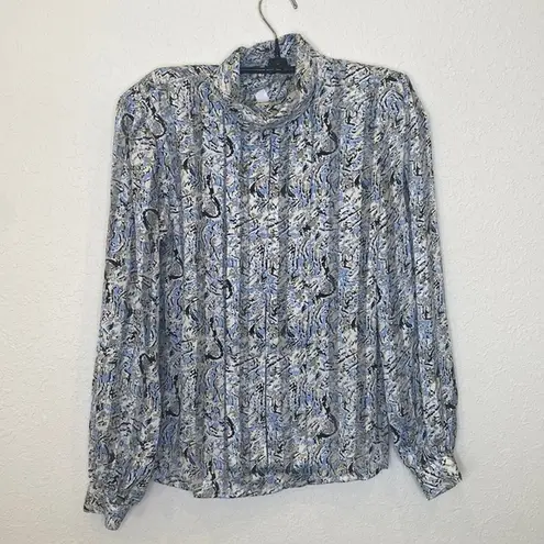 NICOLA Women’s Abstract Vintage Long Sleeve Mock Neck Pleated Blouse EUC Sz 8