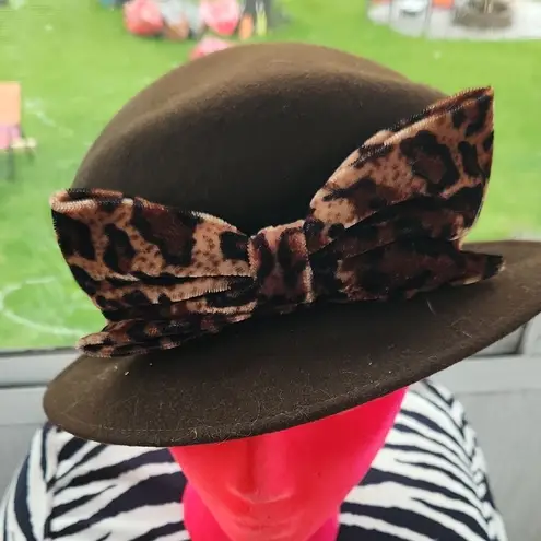Vintage Wool Mushroom Hat With Leopard Velvet Bow Brown