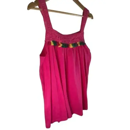 Tex Pink Embroidered Neck & Straps Colorful Tassel Casual Tank Top Large