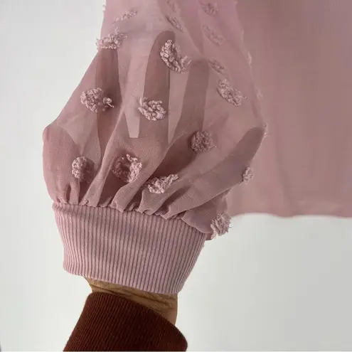 Petal Pink Lightweight Stretch Ribbed Knit Chiffon Swiss Dot Balloon Sleeve Top Size L