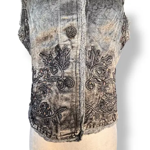 Vintage 90s Flashback Embroidered Metallic Gray Beaded Vest Floral Detail Boho