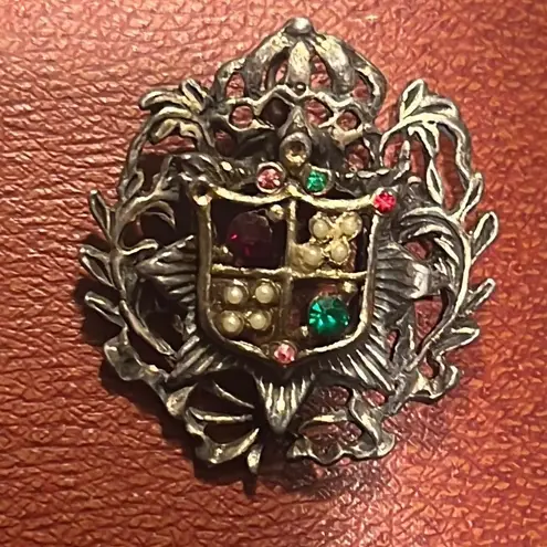 Antique Edwardian Coat of Arms Shield Crest Pink Garnet Emerald Pearls Brooch Red