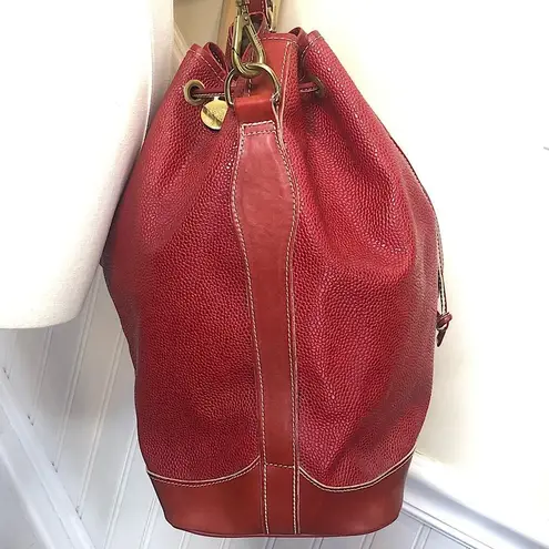Mulberry Red Scotchgrain Leather Drawstring Bucket Tote Crossbody Shoulder Bag