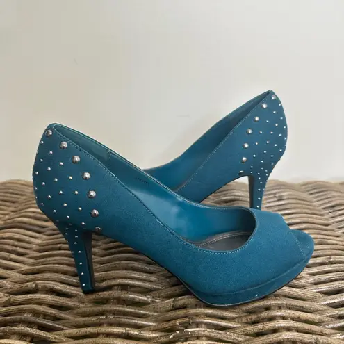 Impo Teal Suede Peep-Toe Heels with Studded Detail