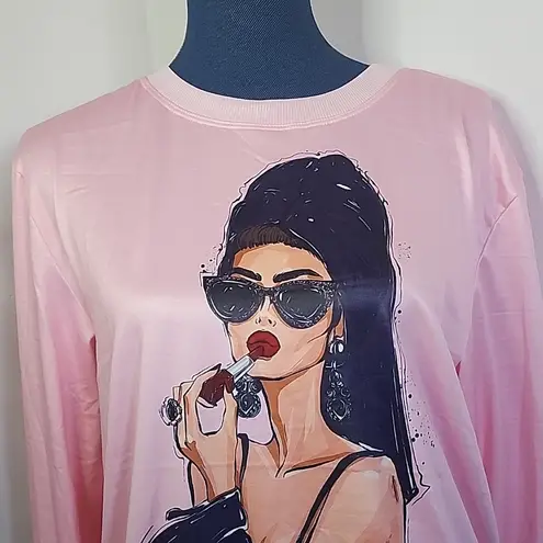 Pink Satin Crewneck Shirt with Glamour Girl Putting on Lipstick Size M
