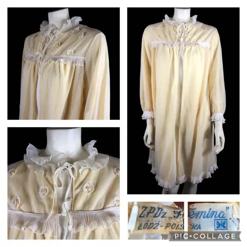 Vintage Victorian Frilled high neck tulle robe in yellow & white size 5
