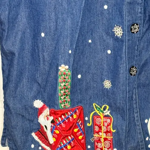 Karen Scott Vintage Embroidered Christmas Denim Shirt | M Festive Western