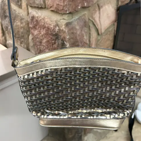 Bags by Marlo Gold and Brown Woven Crossbody Bag with Adjustable Strap