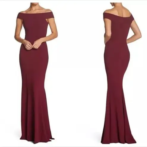 Dress the Population  Bridal Burgundy Red Jackie Off Shoulder Crepe Gown