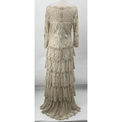 Tadashi Shoji  Tiered Lace Gown Scalloped Embroidered Dress Beige Ivory Womens 10