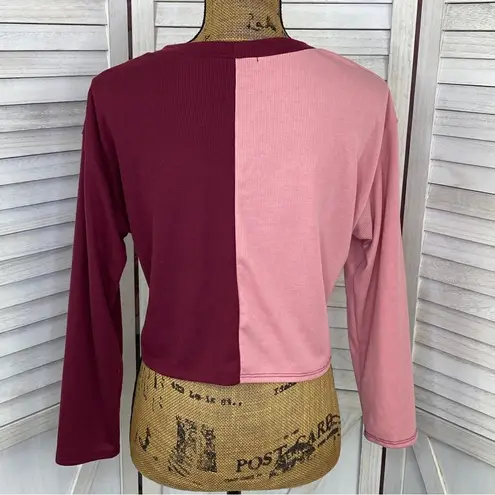 Love j Ribbed Embellished Bonita Crop T-shirt Color Block Maroon Pink Large