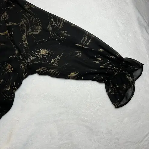 Avenue Brush Stroke Ruffle Trim Sheer Blouse Size 30/32 Party Metallic