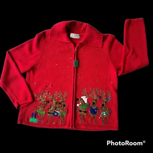 Tiara International Christmas Collection Reindeer Cardigan Sz L? Zippere…