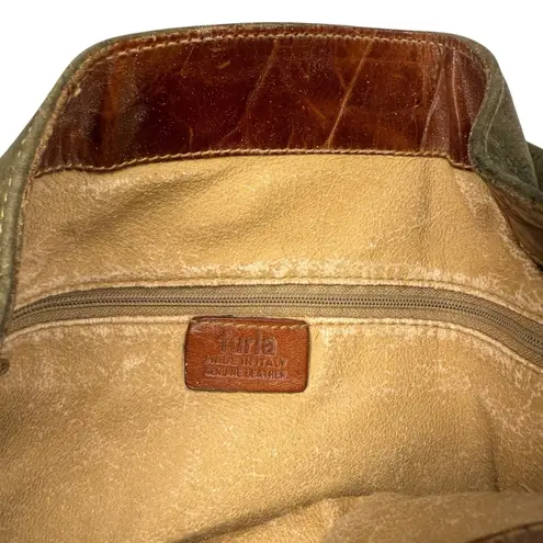 Furla Soft Italian Suede Large Hobo Bag Brown Croc Embossed Leather Trim Buckle