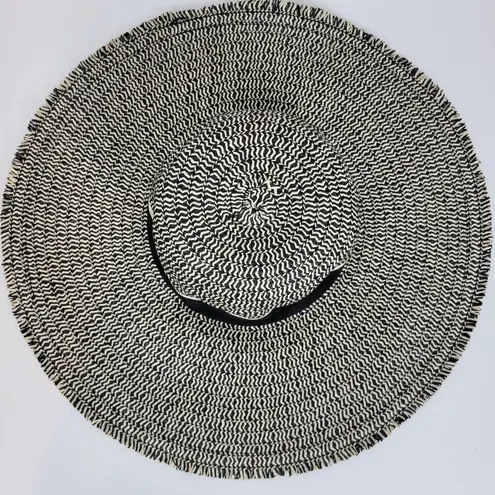 Womens Beach Hat One Size Black Tan Straw Wide Brim Fringe Summer Beach Sun Hat