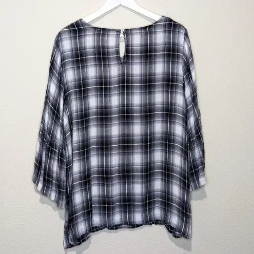 Jane and Delancey Plaid Flannel Blouse Top Bell Sleeves Gray Blue Plus Size 1X